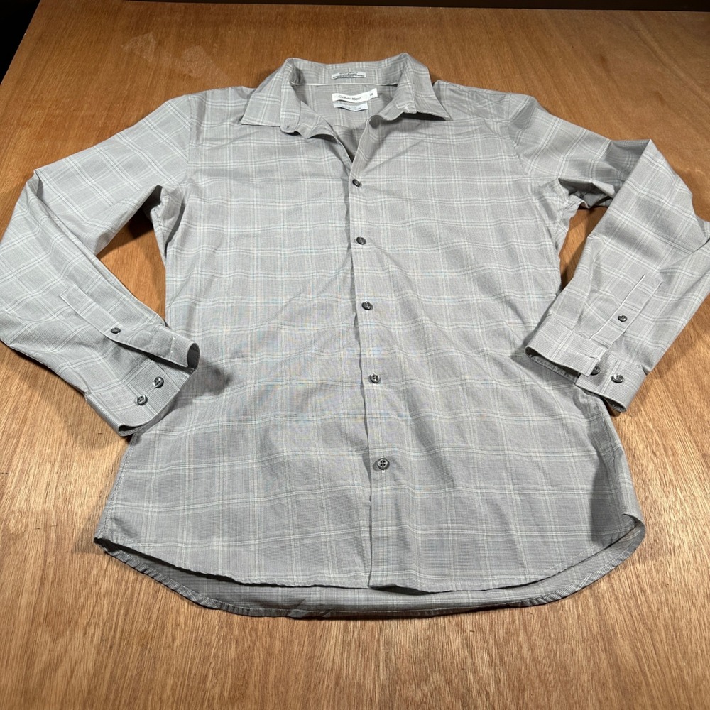 Calvin Klein Gray Plaid Non Iron Stretch Button Up Shirt Men's Large LG